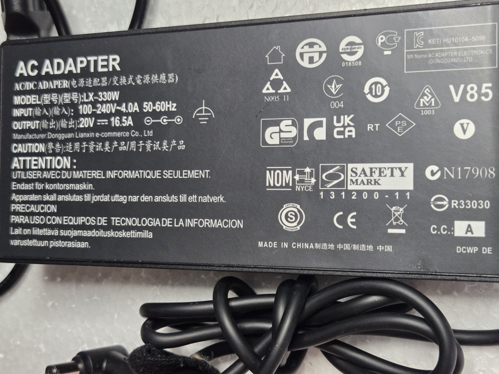 LX-330W 20 Volt 16.5A 330W AC Laptop Adapter Charger For Asus Rog Strix Scar 16