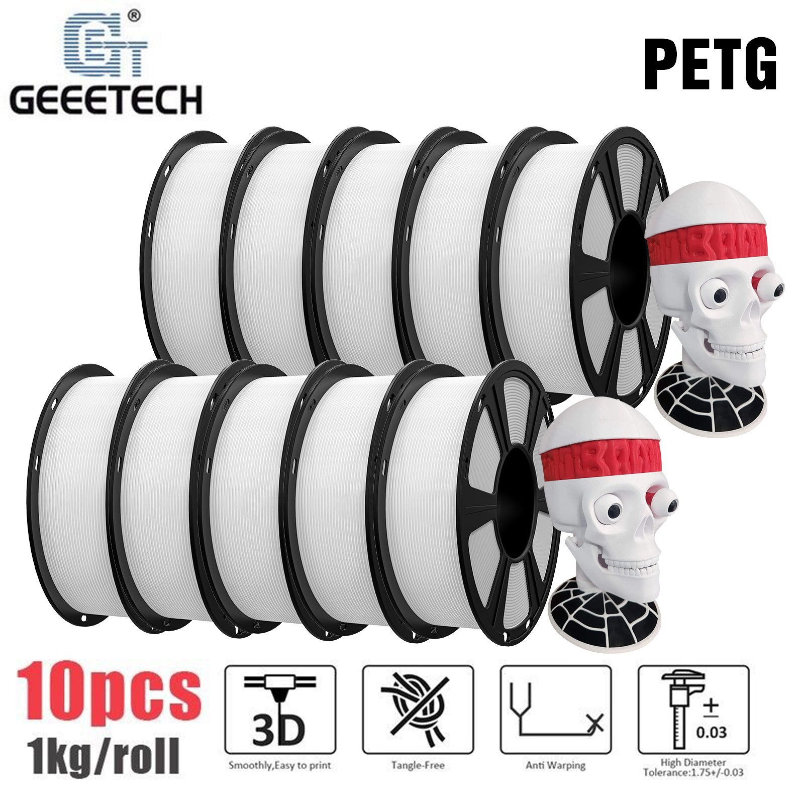 10KG New GEEETECH PETG White Filament 1.75mm 1KG/Roll Consumables For 3D Printer