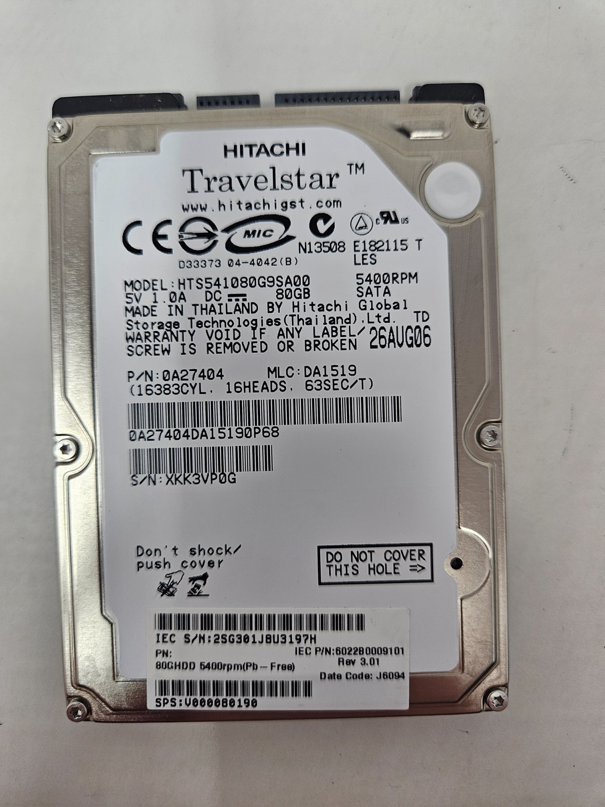Hitachi HTS541080G9SA00 80GB 8MB 5400RPM 2.5" SATA I Laptop HDD