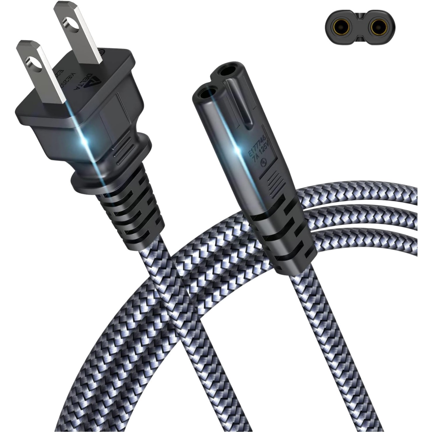 Durable 10FT Nylon Braided AC Power Cord for 2-Prong Devices - Safe & Reliable