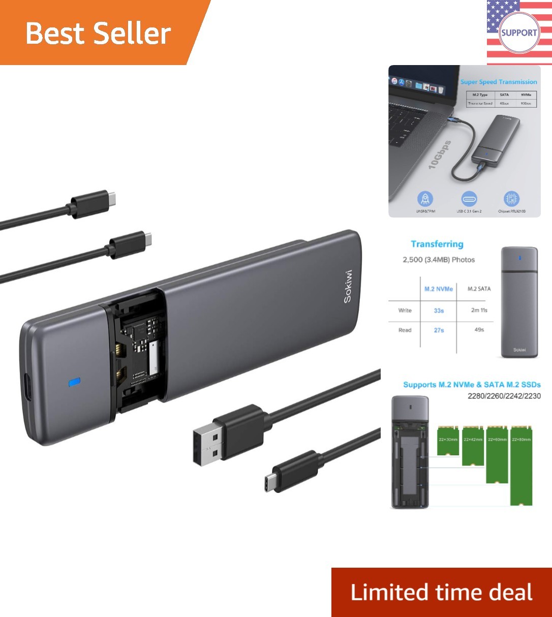Portable M.2 NVMe/SATA SSD Enclosure - Fast 10Gbps Transfer & Easy Setup