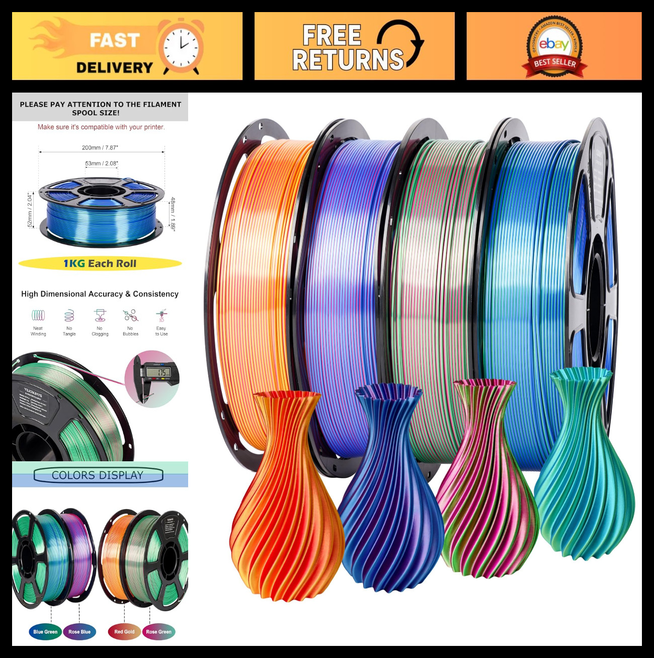 Dual Color 3D Printer Filament Bundle 4KG - 1.75mm PLA, Bicolor, Vacuum Packed,