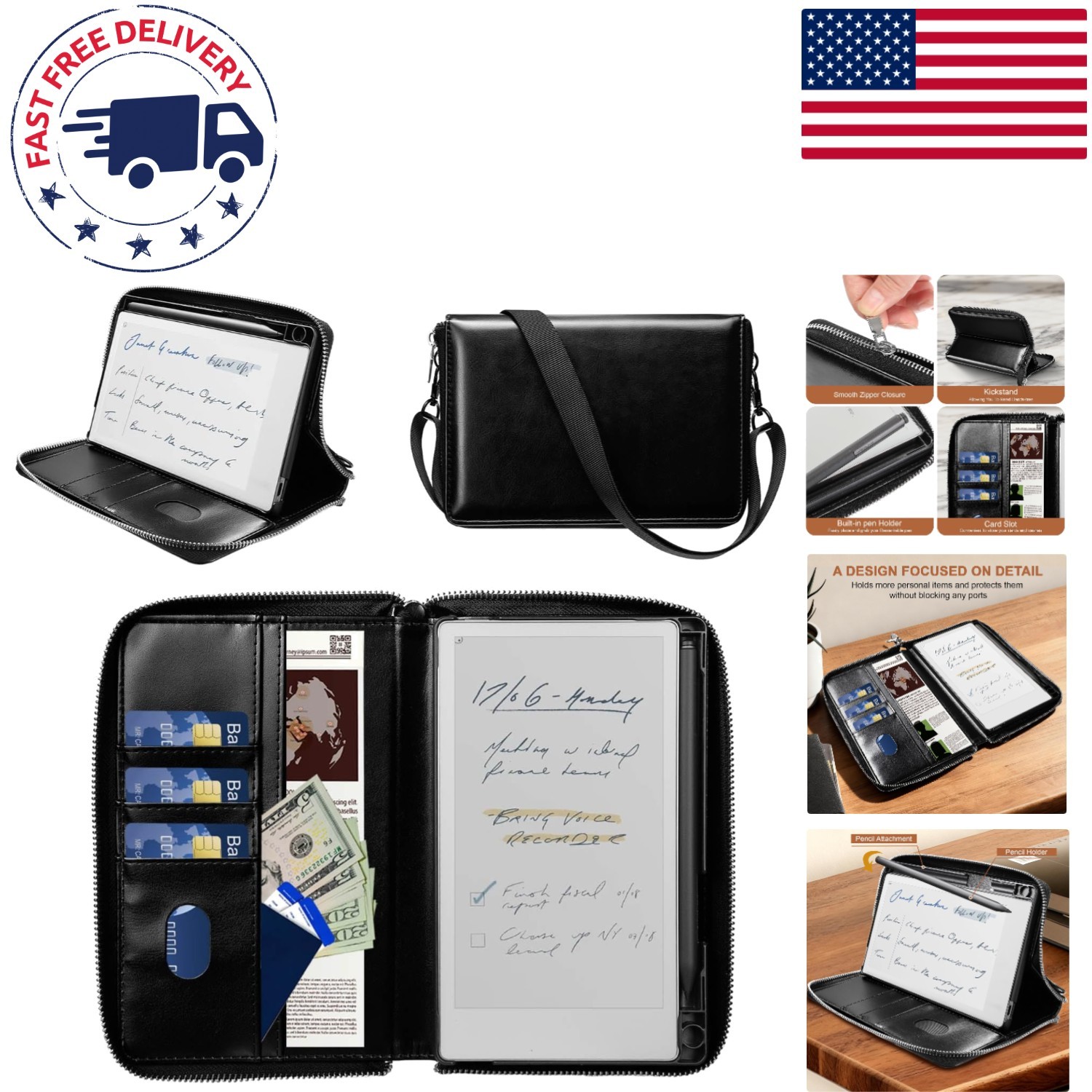 Luxury PU Leather Zippered Case for Remarkable Paper Pro Move 7.3" 2025 - Black