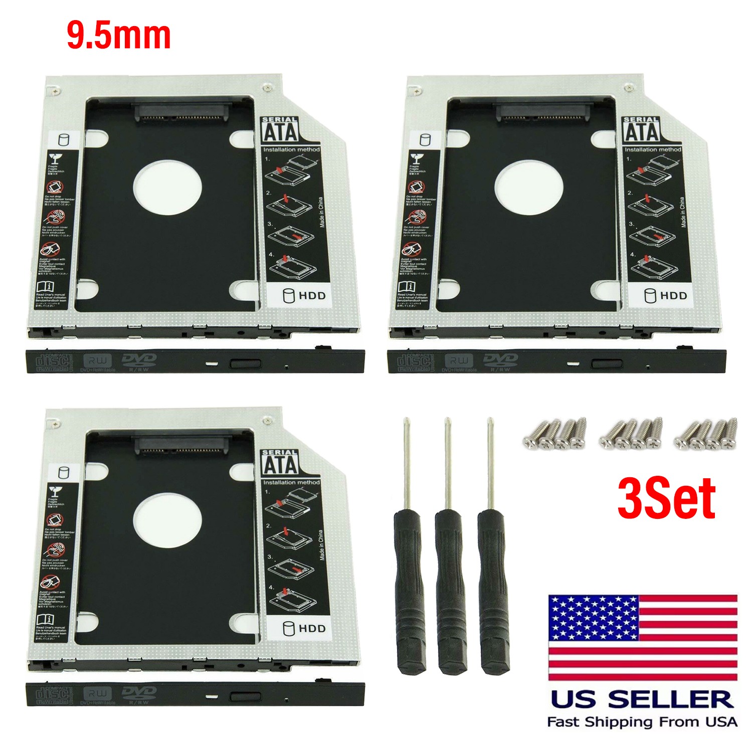 9.5mm Universal For SATA 2nd HDD SSD Hard Drive Caddy CD/DVD-ROM Optical Bay 3X