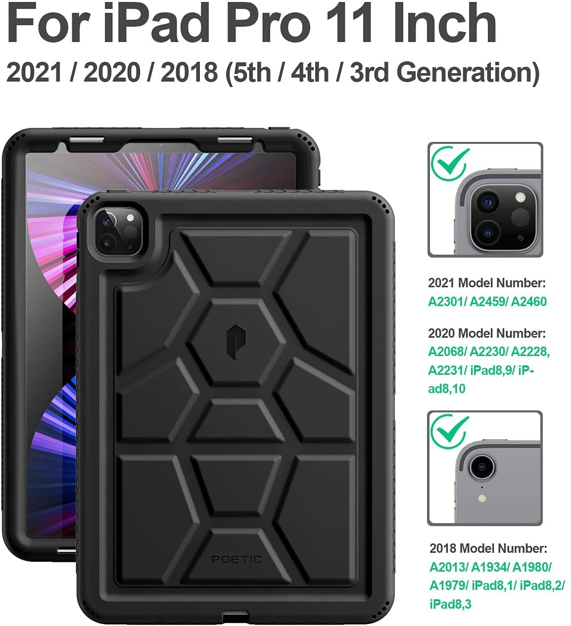 For iPad Pro 11 2021/2020/2018 Case Poetic Heavy Duty Kids Friendly Cover Black