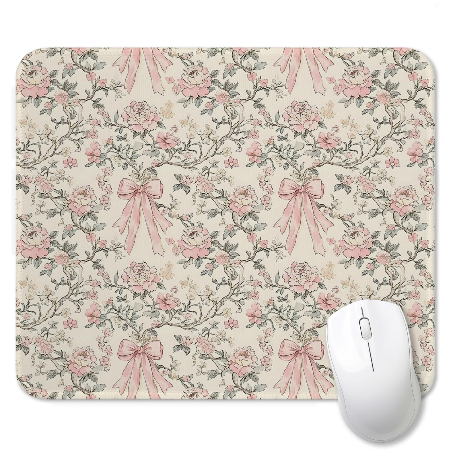 PQKIY Chinoiserie Coquette Pink Bow Floral Mouse Pad, Preppy Girly Ribbon Bow...