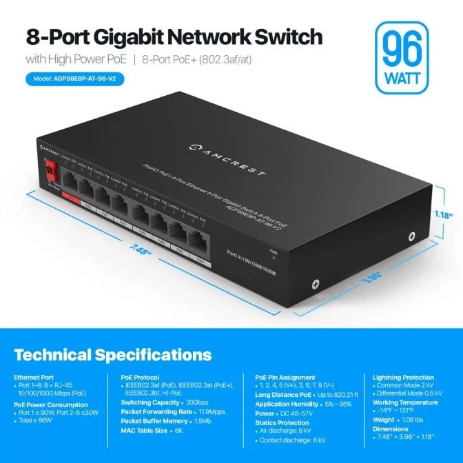 Amcrest 8-Port Gigabit Switch with High Power PoE+ 96w and PoE Watchdog