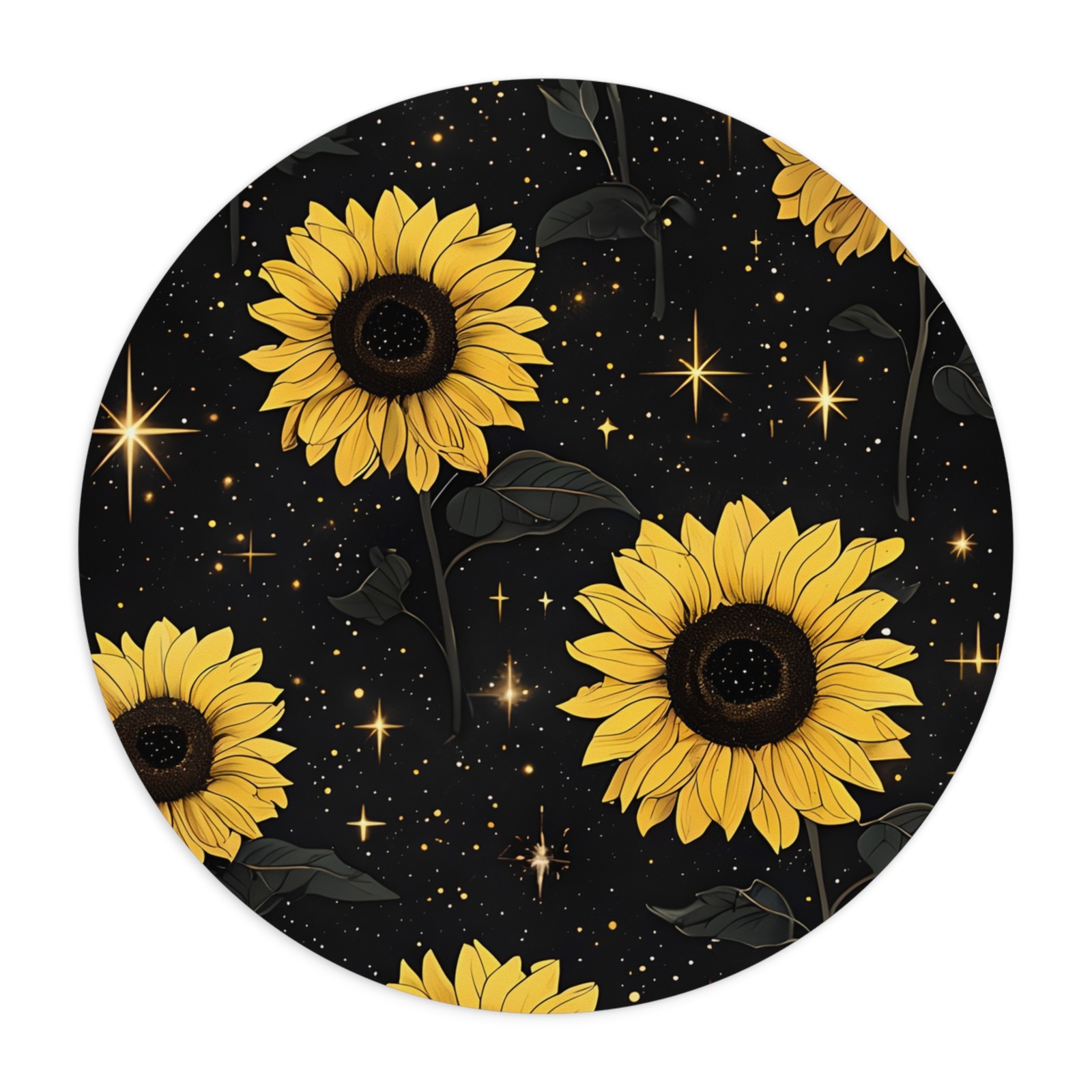 Sunflower Night Sky Mouse Pad | Yellow Sunflowers on Black Starry Background