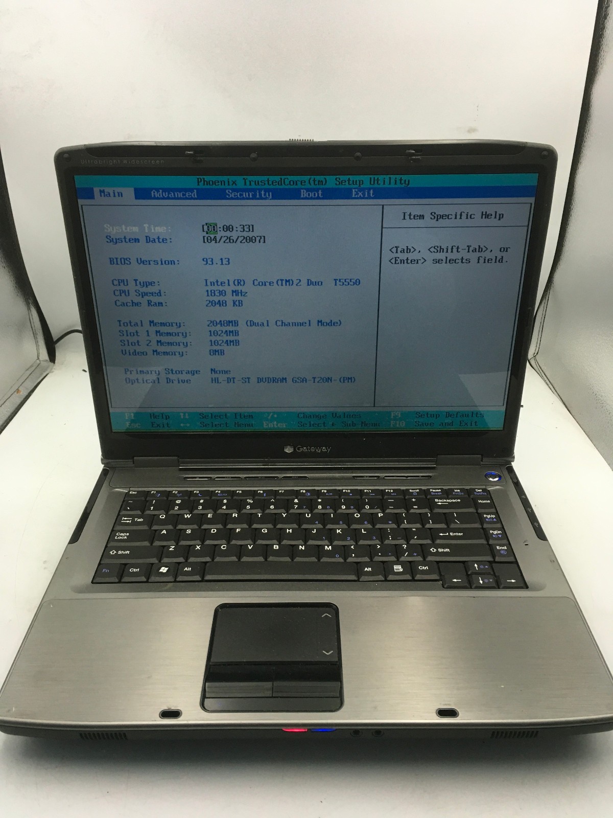 GATEWAY MA8 MT6919 - BOOTS TO BIOS - INTEL 2 DUO T5550 - 2GB RAM - READ DESC -BB