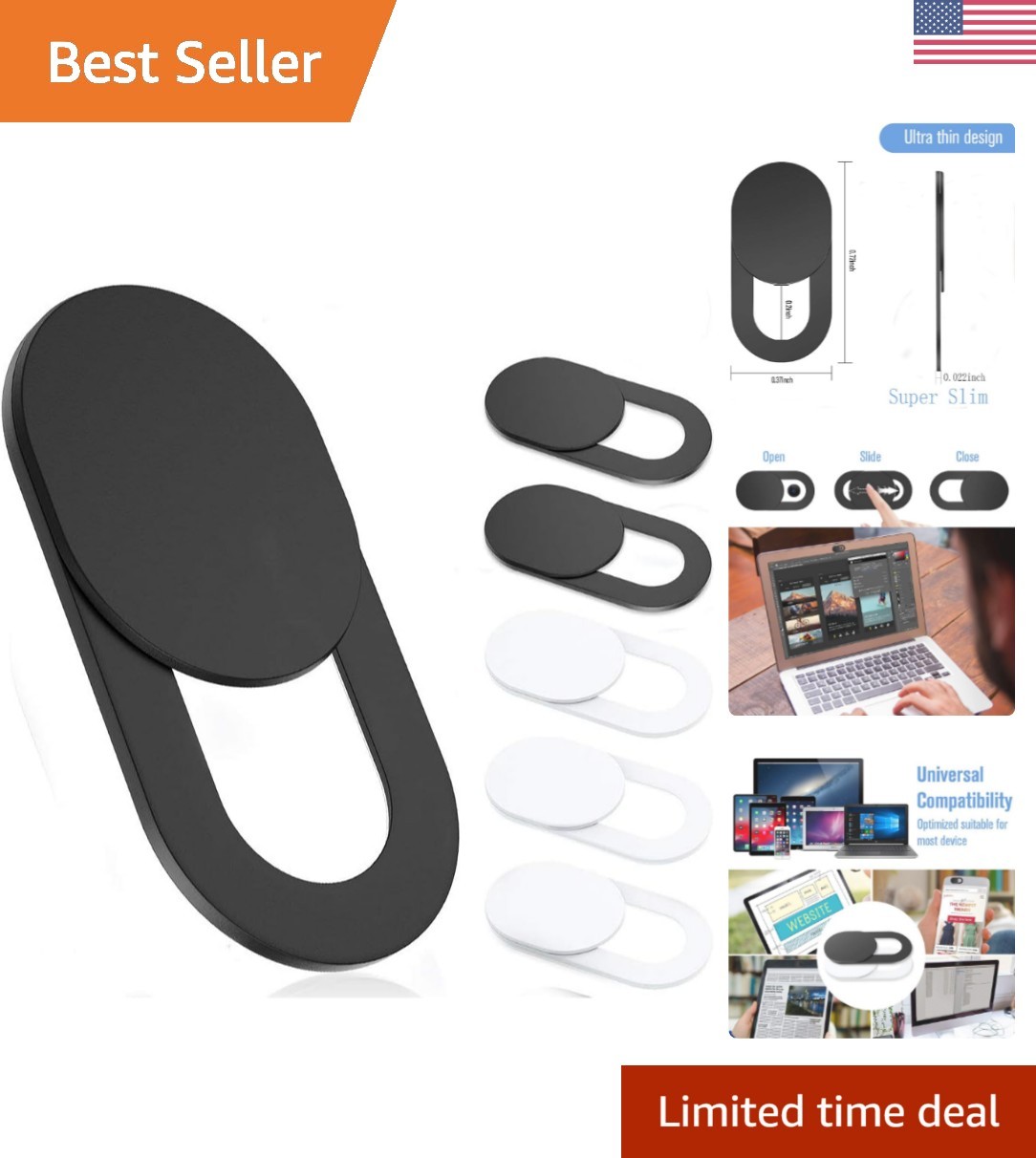 Webcam Cover Slide, 6 Pack (White & Black) - Easy Installation & Privacy Secure