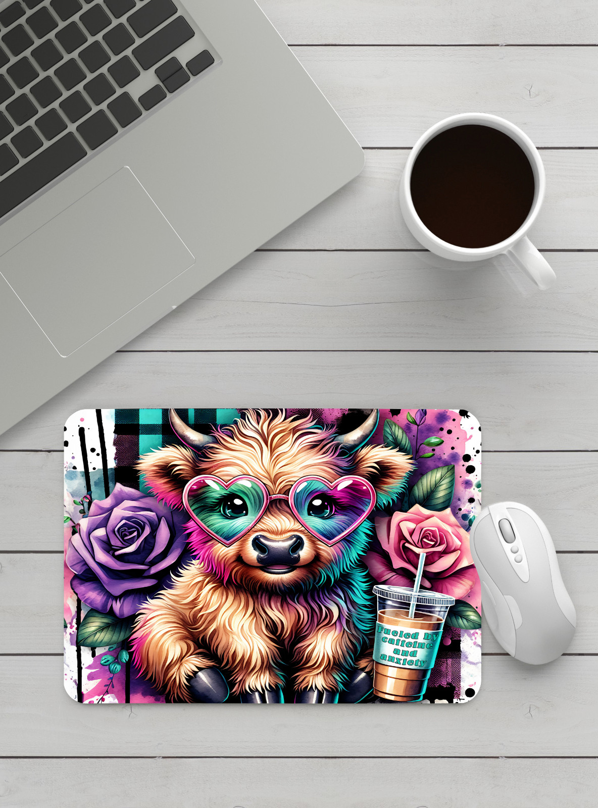 Handmade Designed Cute Higland Cow with Funny Quote Mousepad.