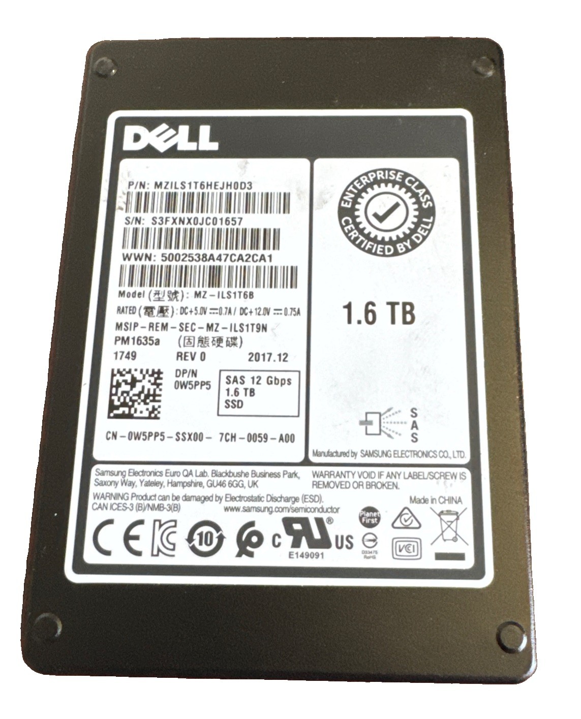 Dell 1.6TB 12G SAS 2.5" MU SSD W5PP5 0W5PP5 PM1635A MZ-ILS1T6B