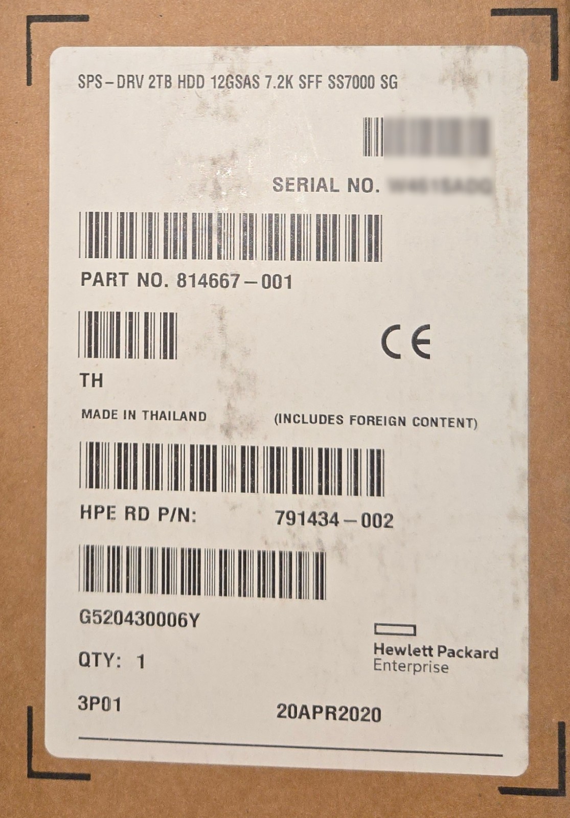 NEW HPE 3PAR 7000 8000 2TB 7.2K 12G SAS SFF Hard Drive 814667-001 M0S91A
