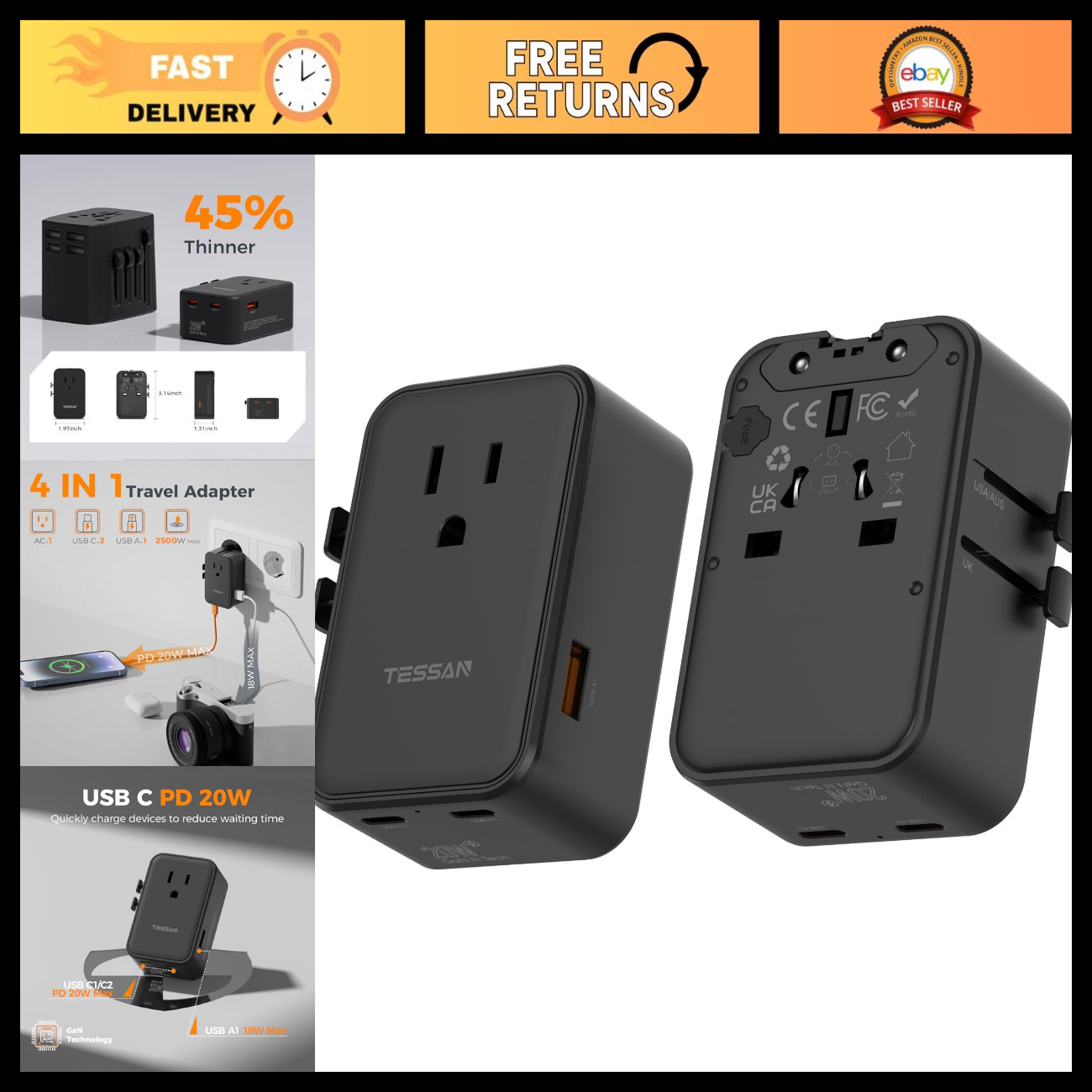 20W International Power Adapter, Universal Travel Charger, Compact & Lightweight