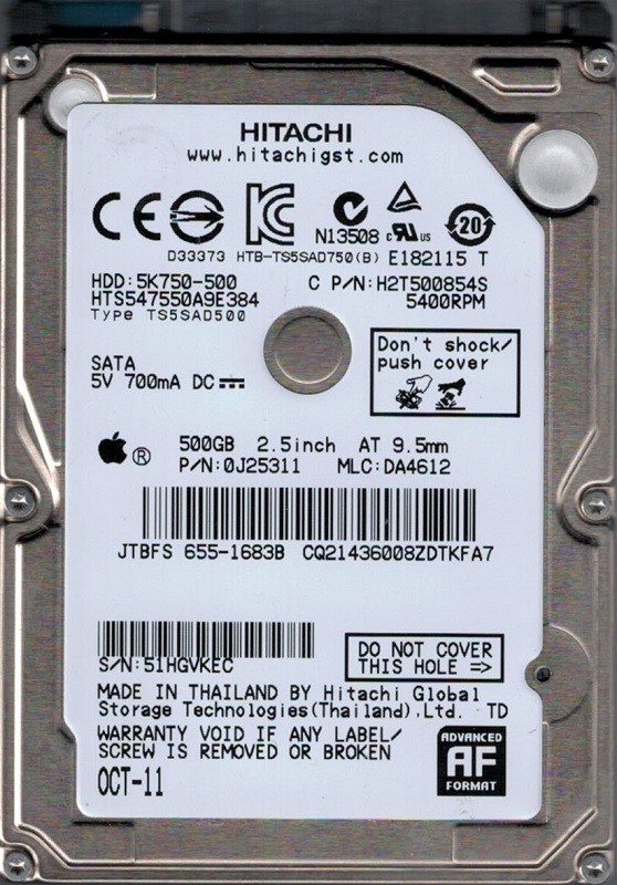 HTS547550A9E384 P/N: 0J25311 MLC: DA4612 MAC 655-1683B Thailand Hitachi 500GB
