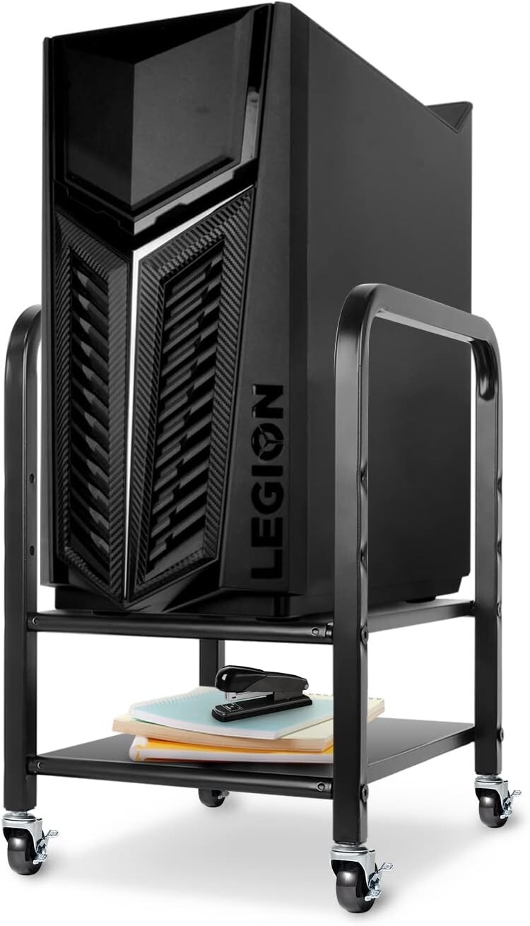 CPU PC Tower Stand, Black Square Tubes with Metal Casters Home & Offices