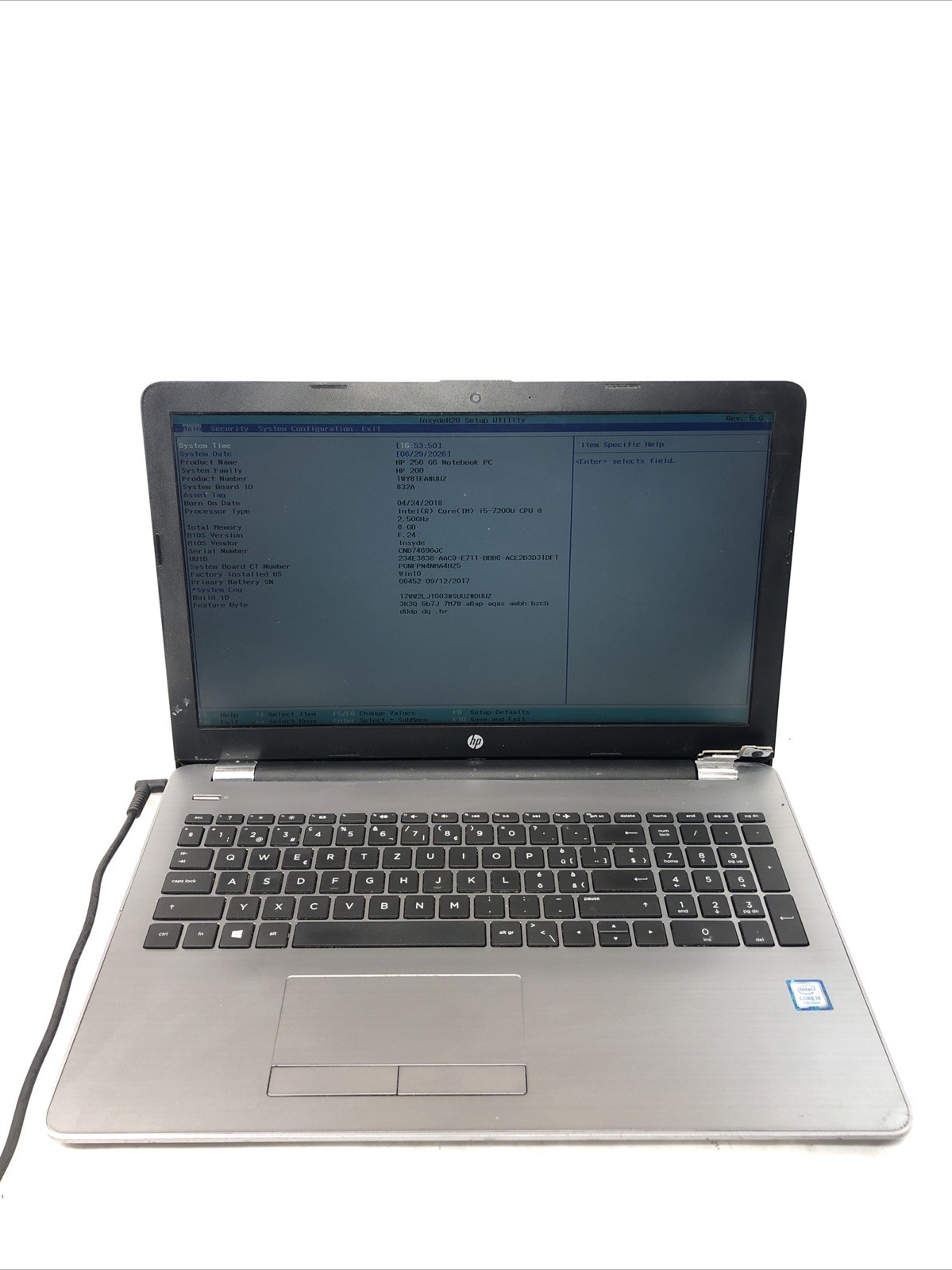 HP 250 G6 Notebook, Intel Core i5-7200U @2.50Ghz, 8GB RAM, NO SSD/OS, Tested