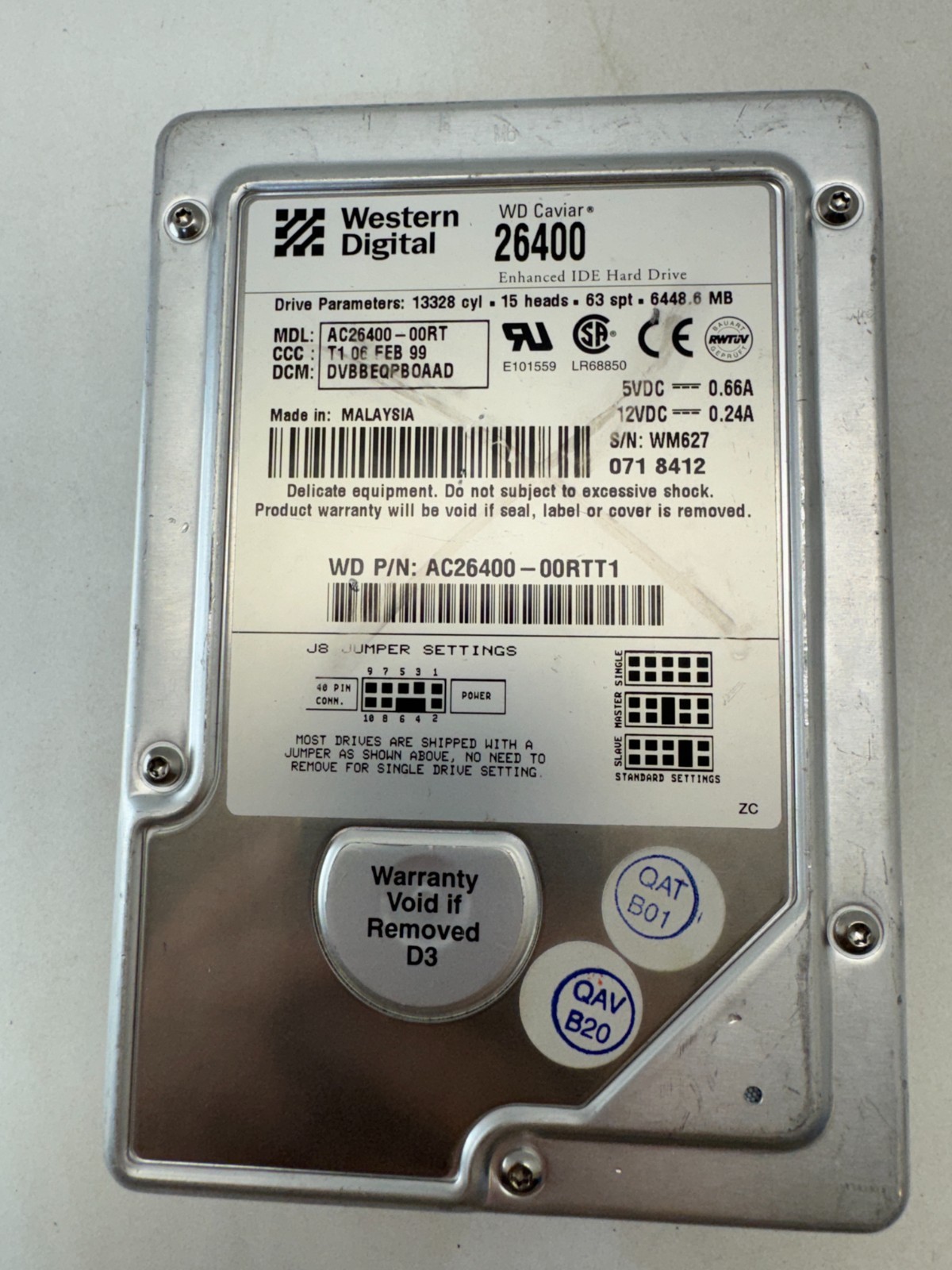 Western Digital AC26400-00RTT1 | 6.4GB IDE 3.5" Hard Drive | Vintage