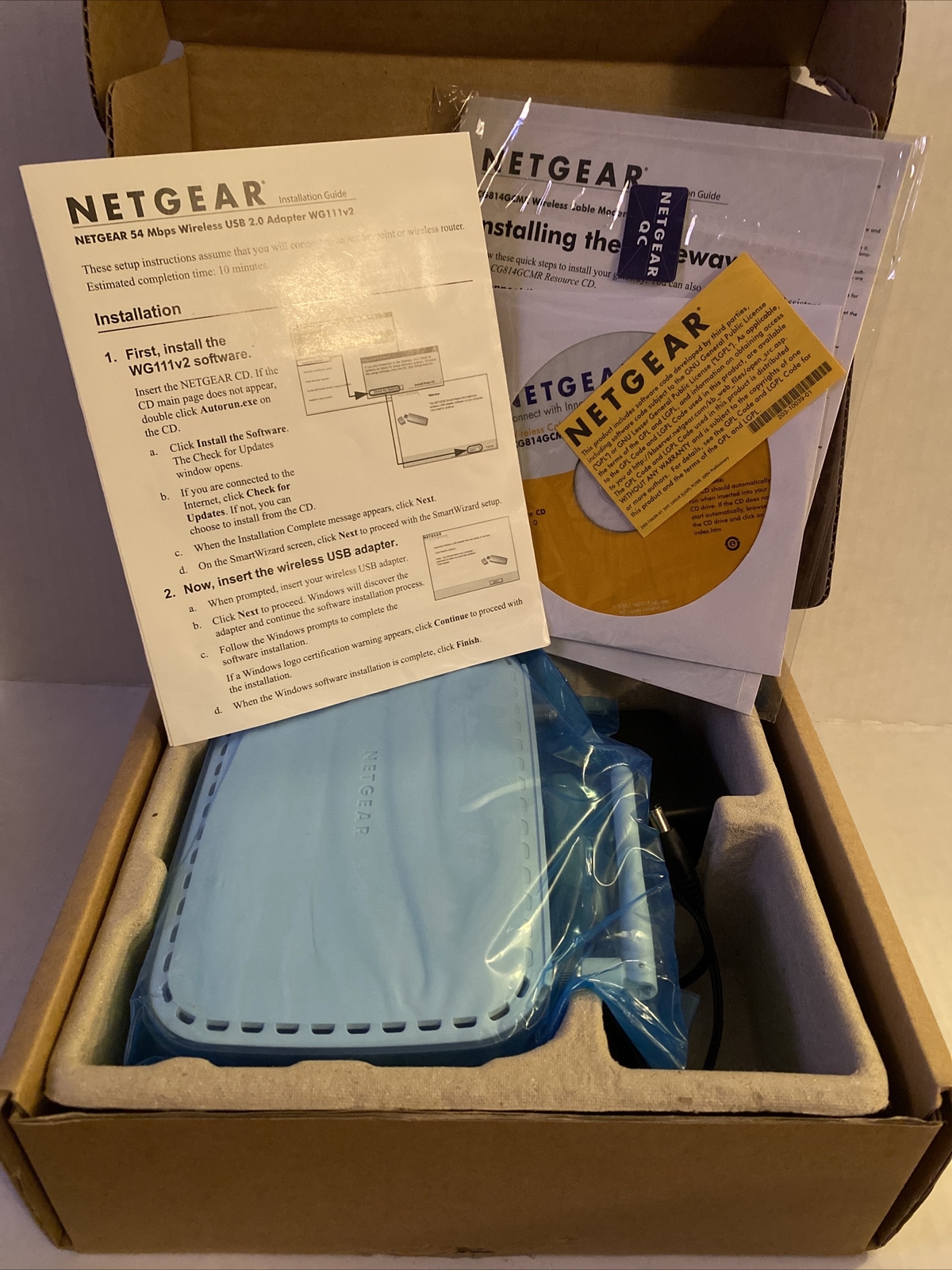 NEWOPEN BOX SEALED NETGEAR WG111 V2 WIRELESS-G 54 Mbps USB 2.0 ADAPTER AND MODEM