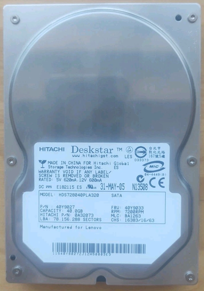 40GB Hitachi Deskstar HDS728040PLA320 7200RPM Hard Drive SATA HDD 3.5 For Lenovo