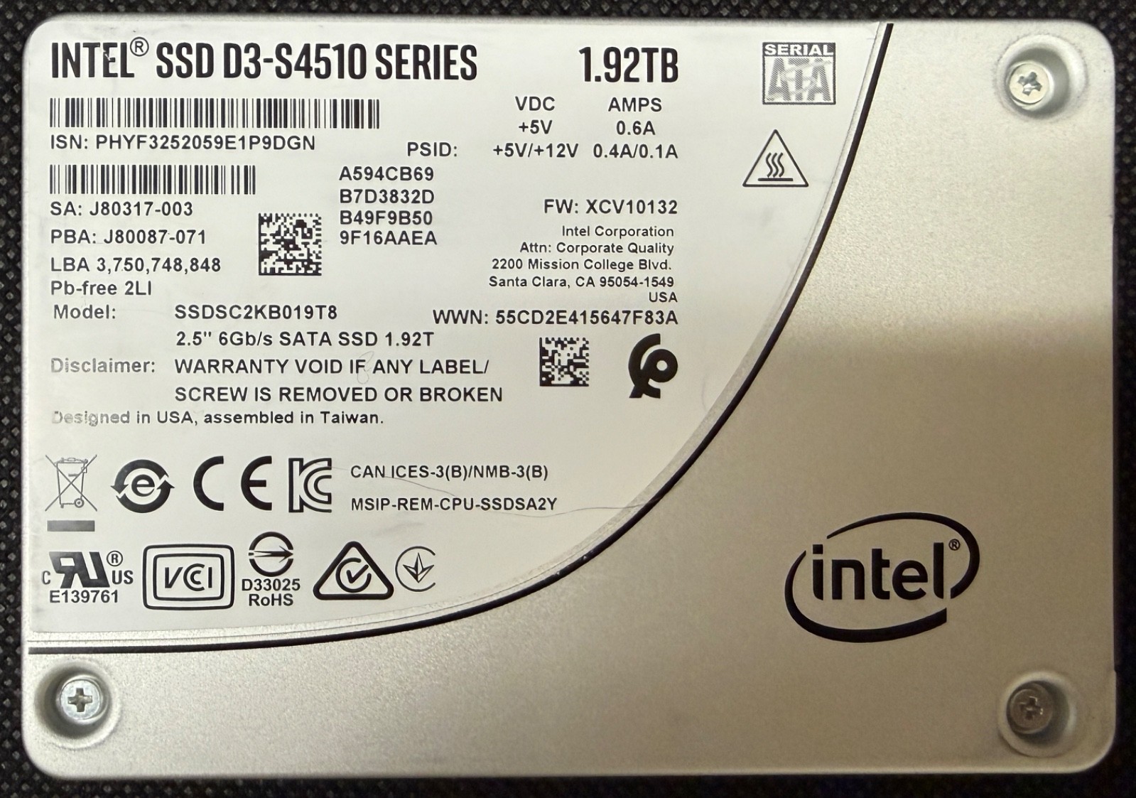 Intel D3-S4510 Series SSDSC2KB019T8 1.92TB (~2TB) SATA 100%