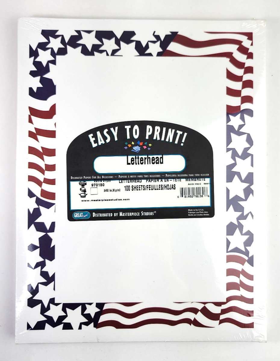 100 Sheets Patriotic Letterhead Printer Paper Stars & Stripes 8.5x11 24/60LB