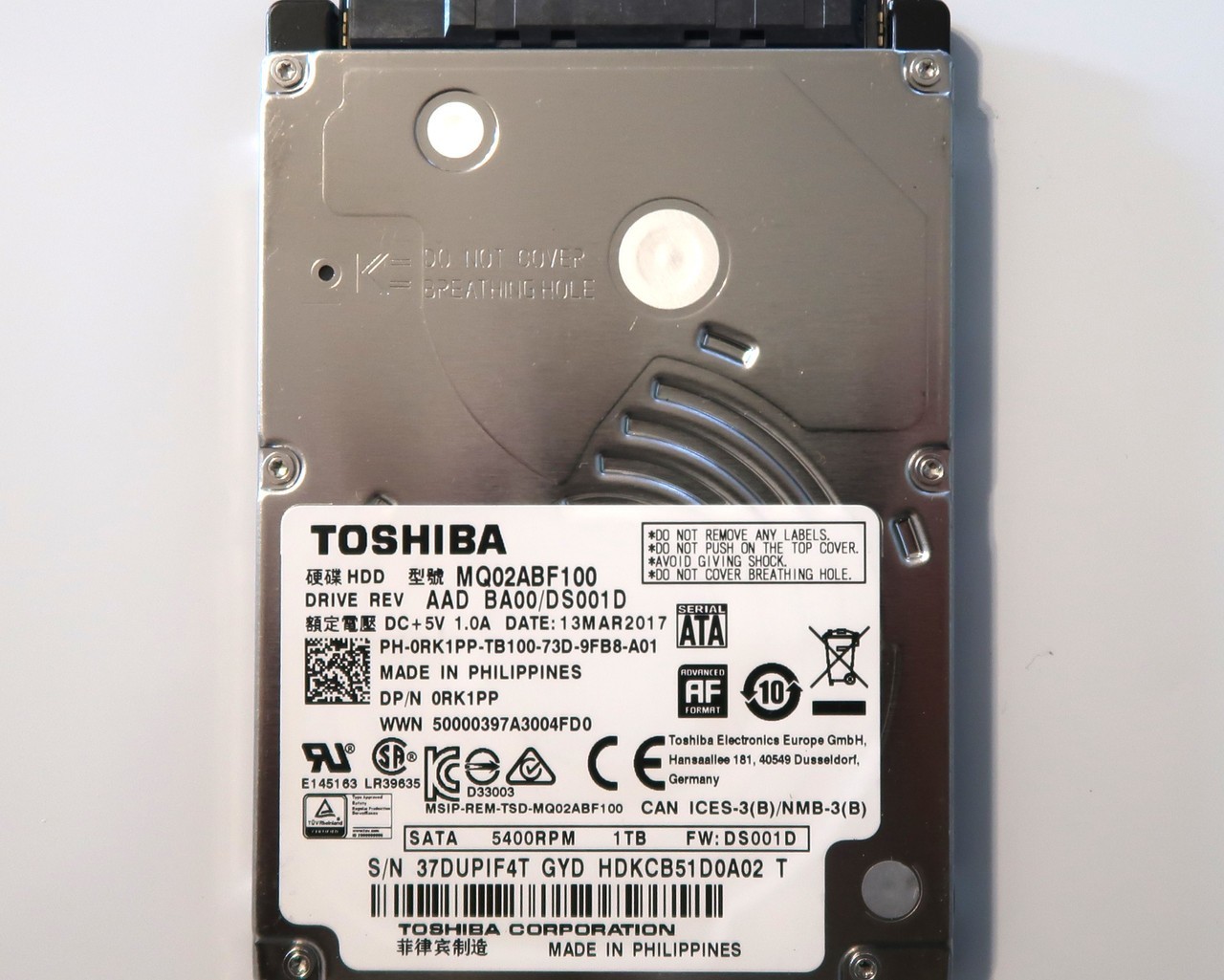 MQ02ABF100 HDKCB51D0A02 T FW: AAD BA00/DS001D Philippines 2.5" 1000gb MAR/2017