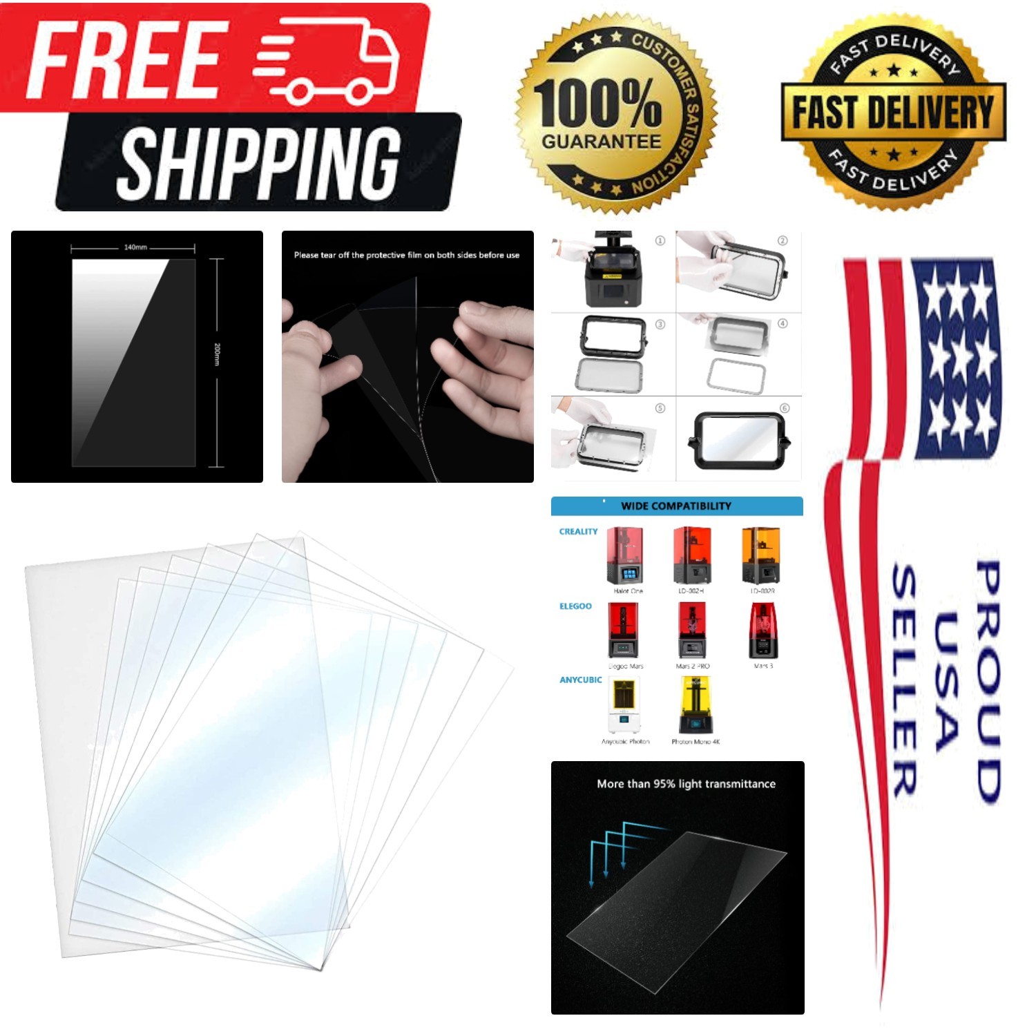 Compatible 6PCS FEP Release Films 200x140mm for ELEGOO and ANYCUBIC Models