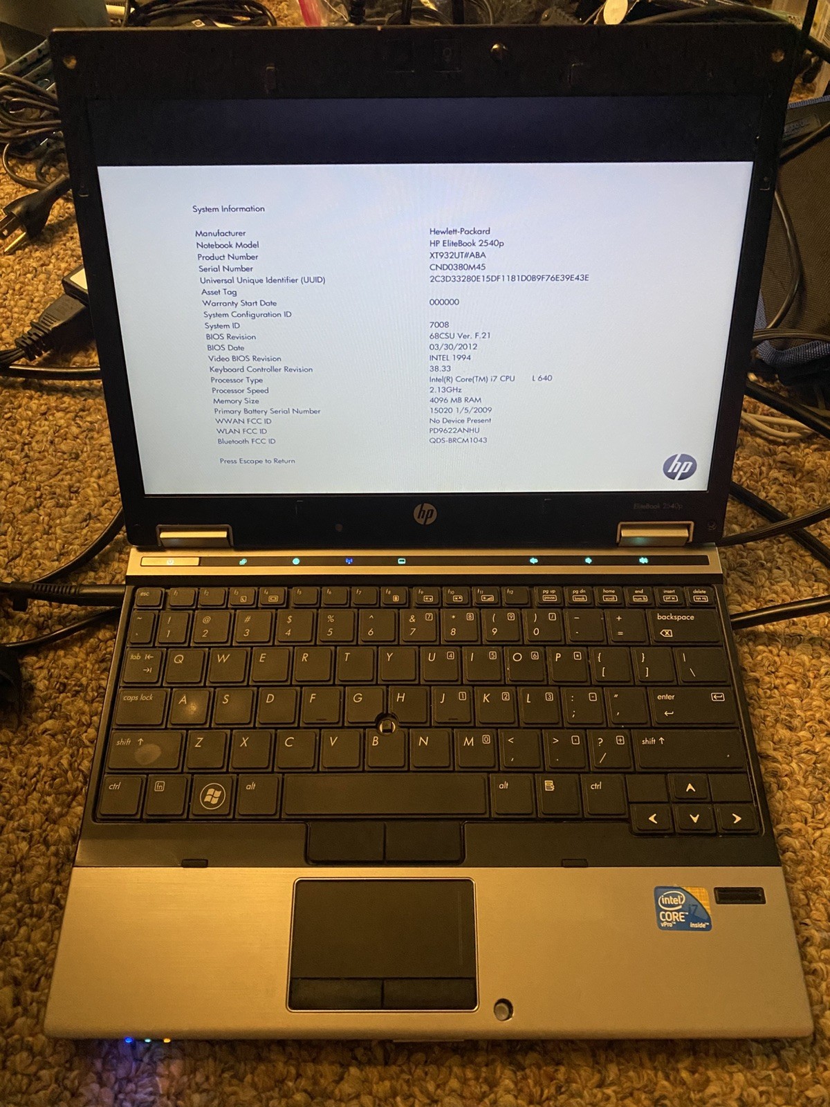 HP Elitebook 2540p Laptop Intel i7-L640 2.13GHz 4gb RAM no HDD - READ