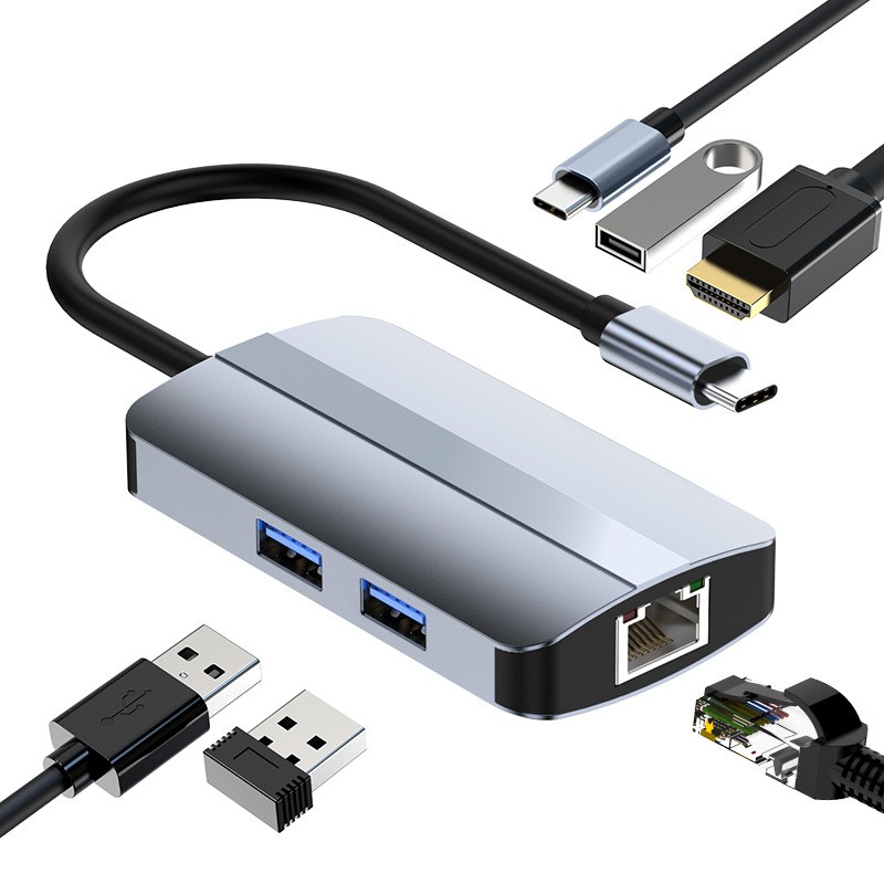 6-in-1 USB C Hub Type C to USB 2.0 3.0 USB-C PD 4K/30Hz RJ45 Adapter Converter