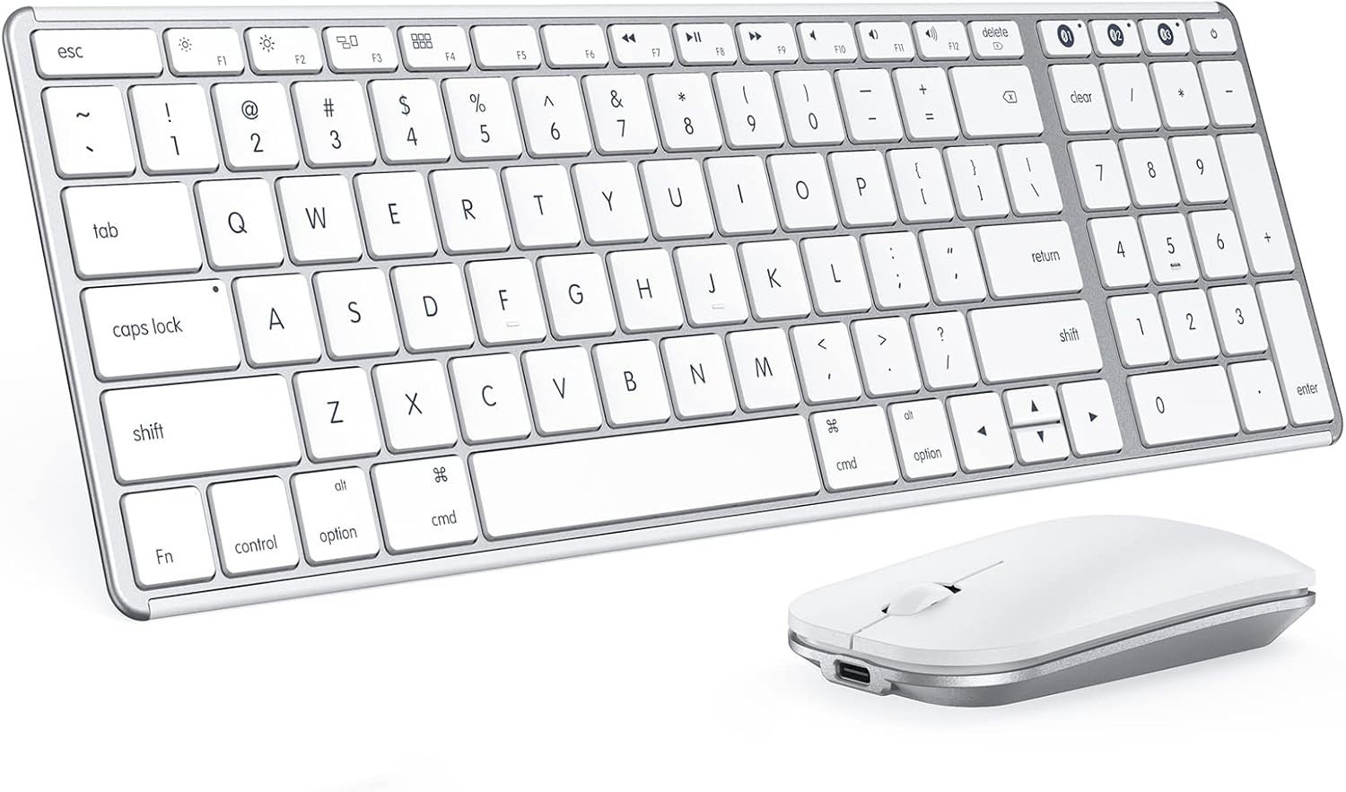 seenda Wireless Keyboard and Mouse Combo, Slim Full-Size Design /  White Silver