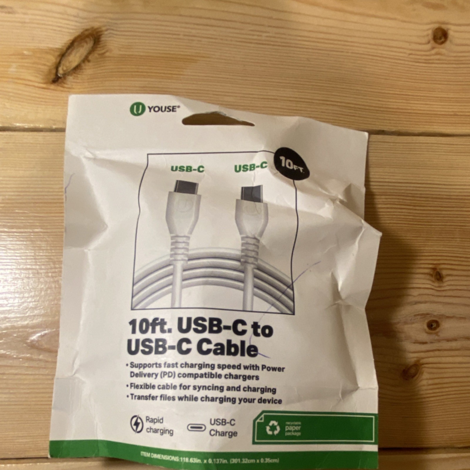 Youse 10ft USB-C to USB-C Flexible Rapid Charging Sync Cable White