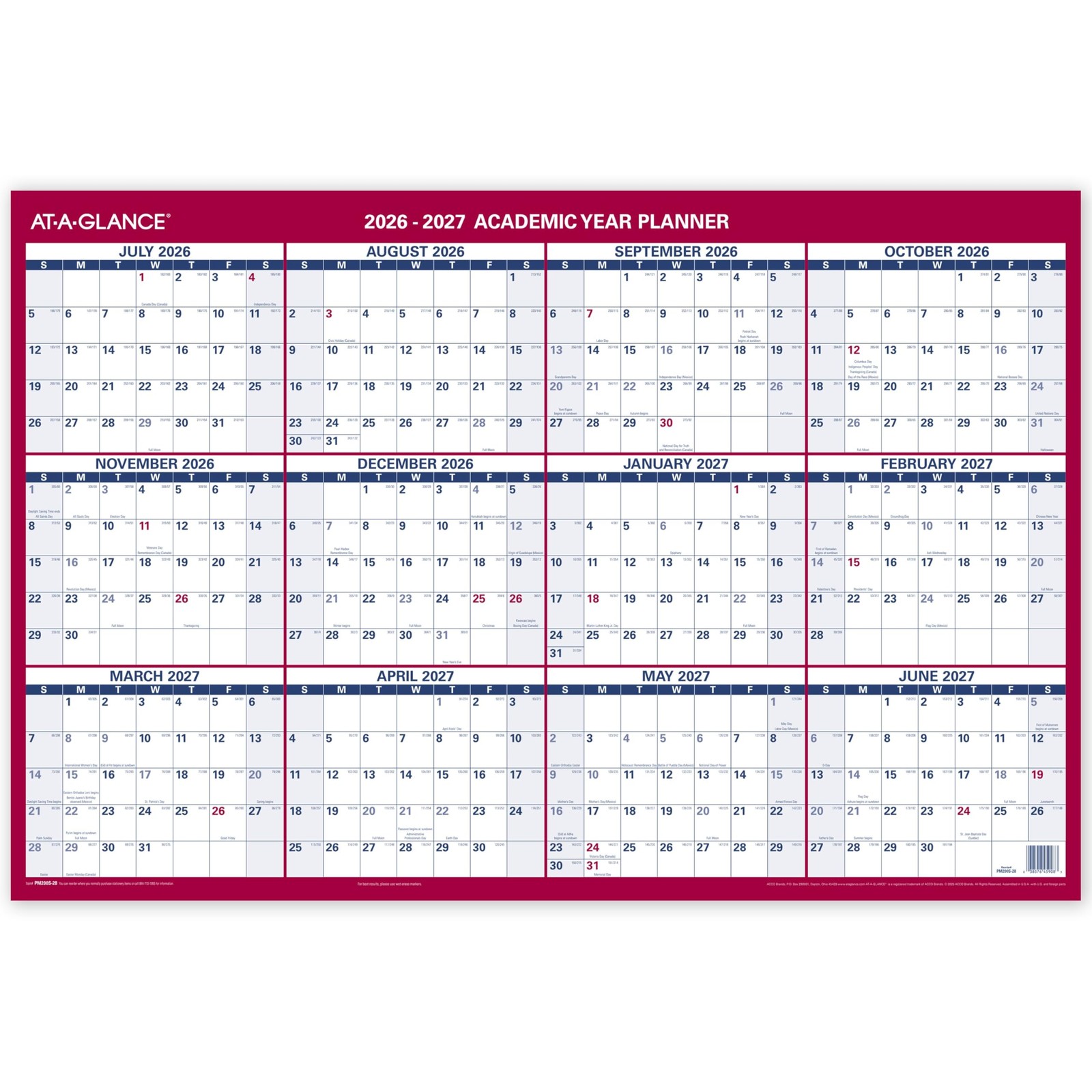 Dry Erase Wall Calendar 36 x 24 Double Sided 12 Month AT-A GLANCE PM200P28 Year