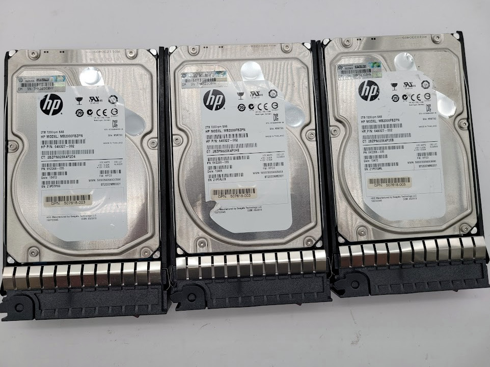 Lot of 3 HP MB2000FBZPN 2-TB, 3.5inch SAS Internal Desktop Hard Drive with cuddy