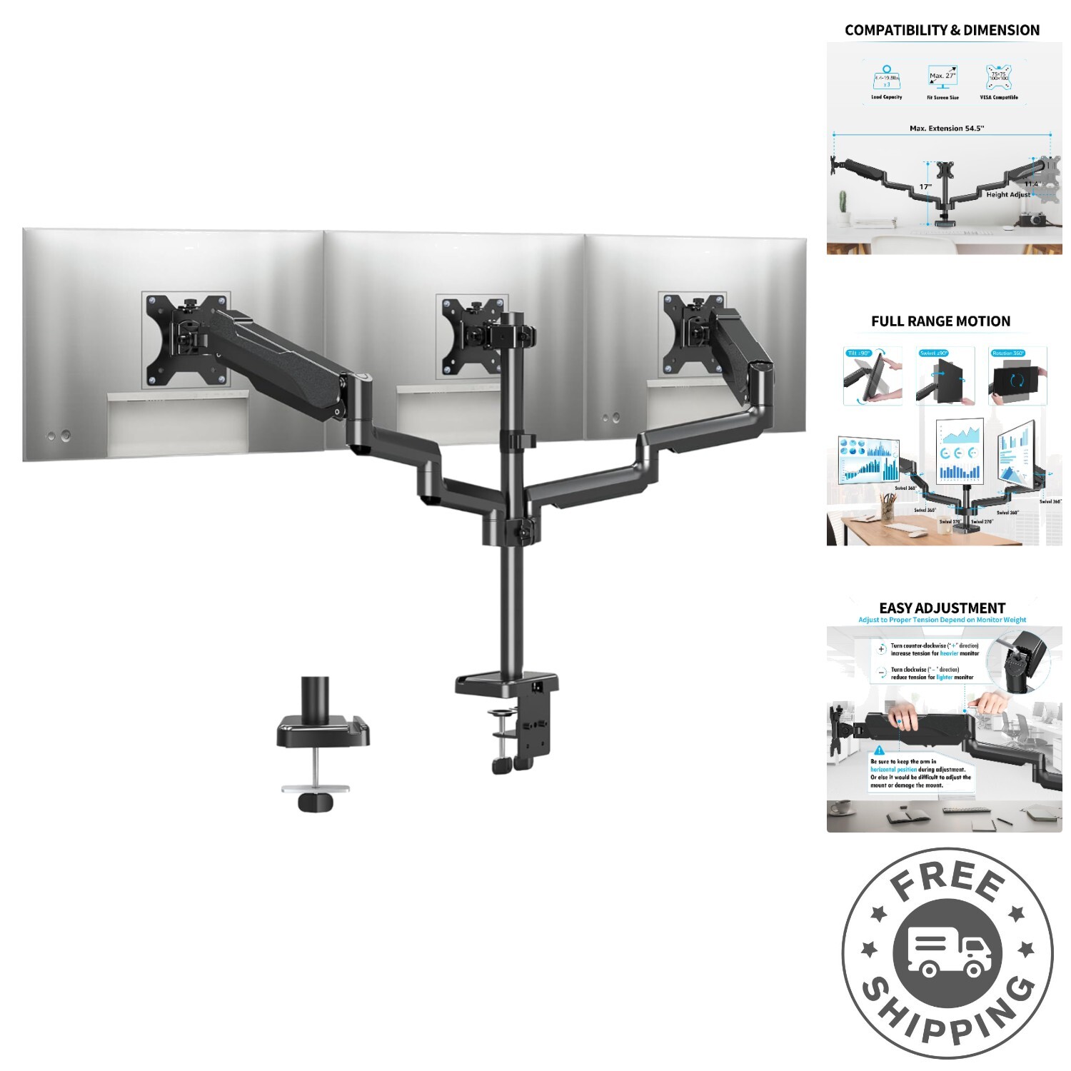 Adjustable Triple Monitor Stand for Ergonomic Setup - Easy C-Clamp Installation