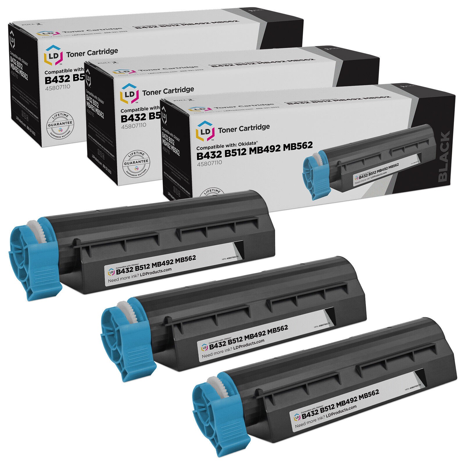 LD Compatible Okidata 45807110 Black Toner 3PK for MB492, MB562w, B432dn, B512dn
