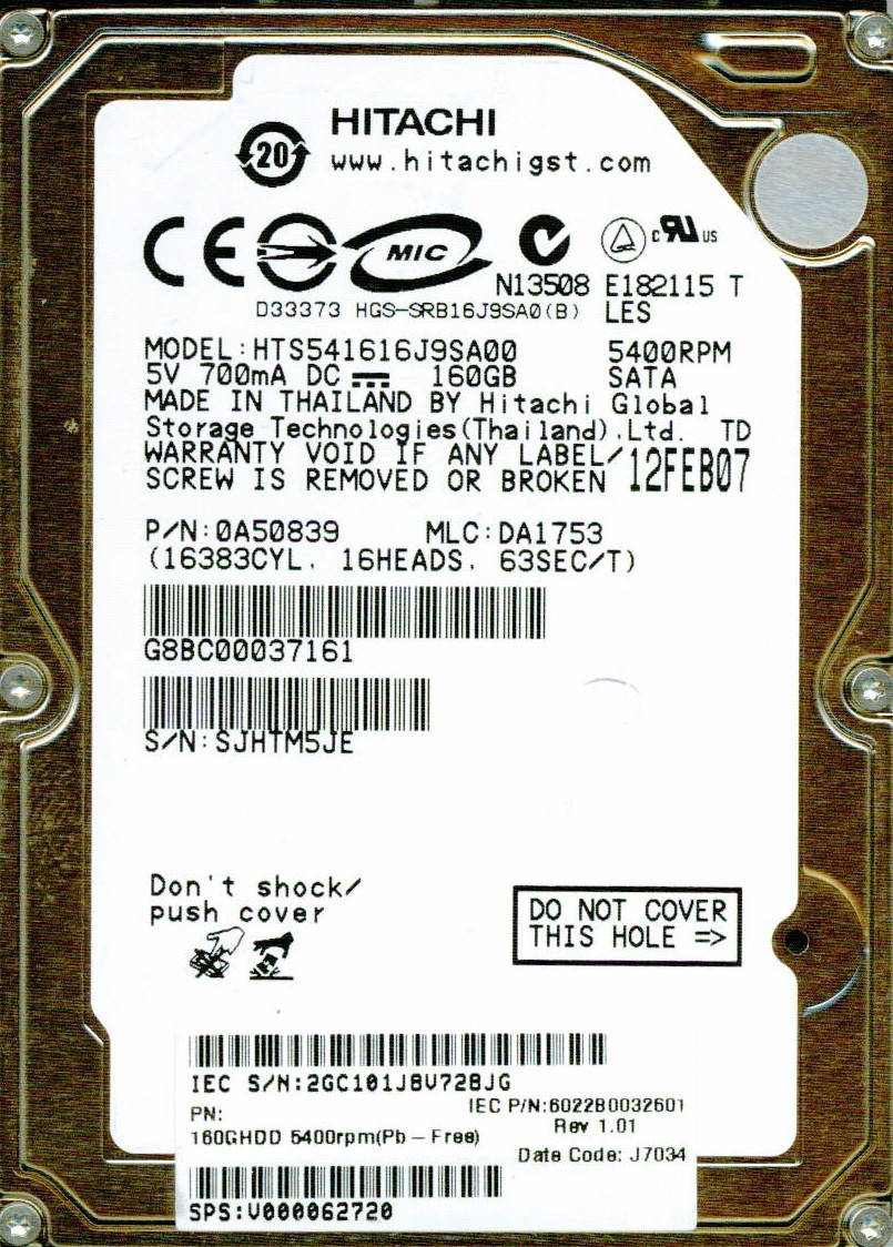 HTS541616J9SA00 P/N 0A50839 MLC DA1753  HITACHI SATA 160GB