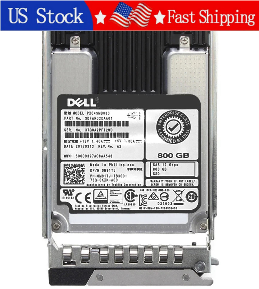 New Dell 0M91TJ PX04SMB080 800GB 12Gbps SAS WI MLC 2.5" SSD With Tray