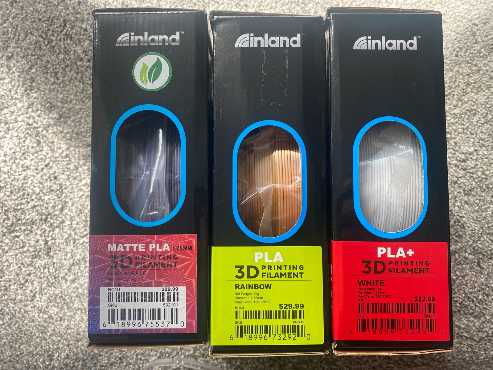 NEW  Lot Of 3 Inland 1.75MM PLA 3D Printer Filament, white rainbow grey-purple