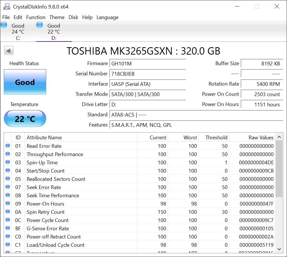 TOSHIBA MK3265GSXN, 5400RPM,320GB, 2.5" laptop hard disk