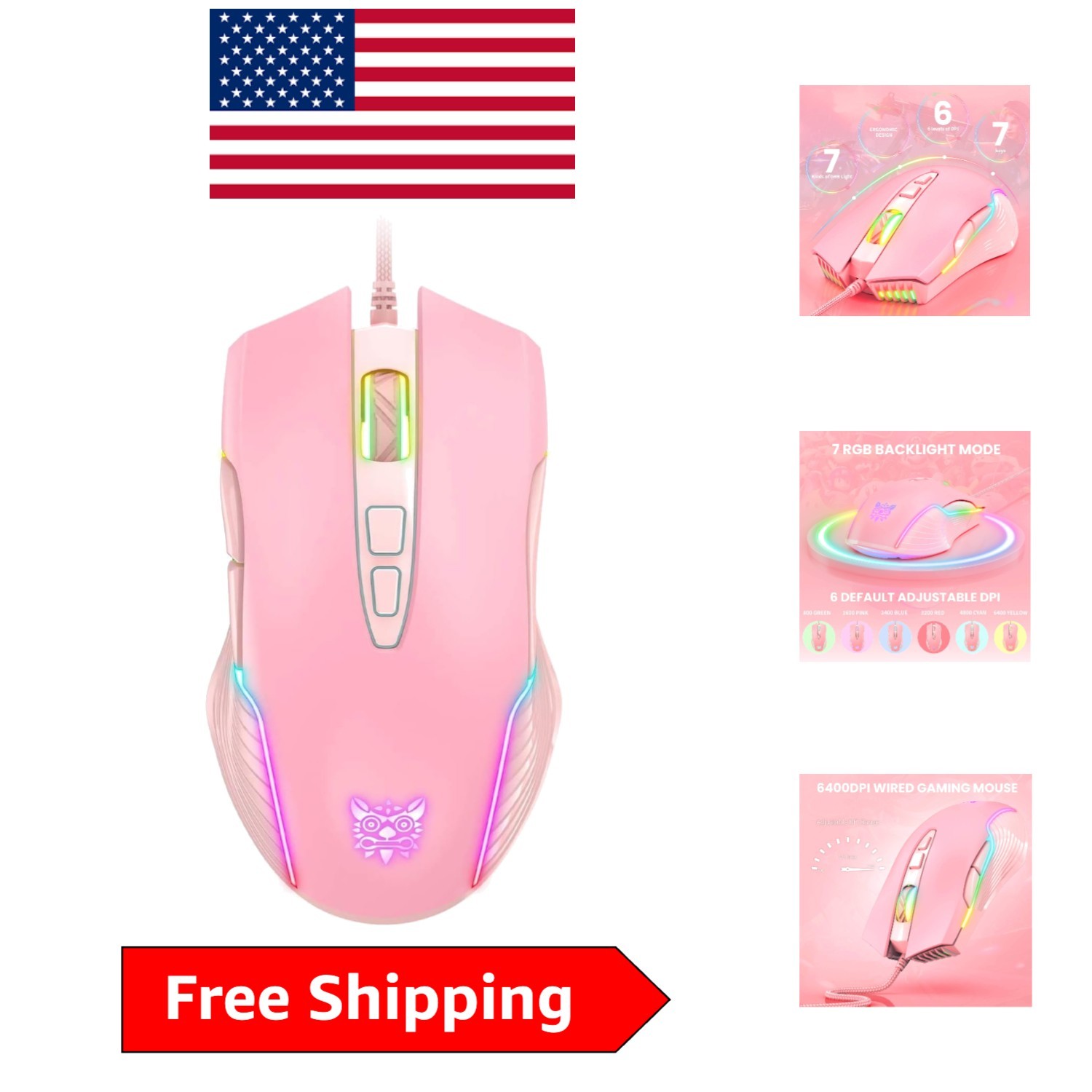 Stylish Pink Wired Gaming Mouse with RGB Lights & 6 DPI Settings up to 6400