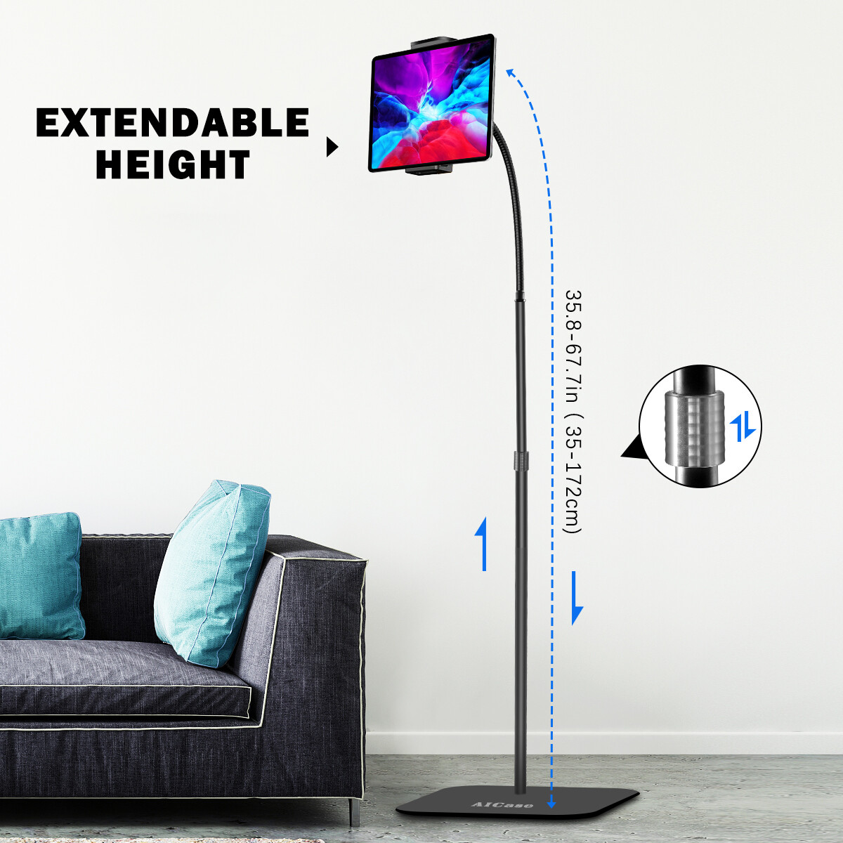 Adjustable Gooseneck Floor Stand iPad Cell Phone Tablet Aluminum Holder Mount