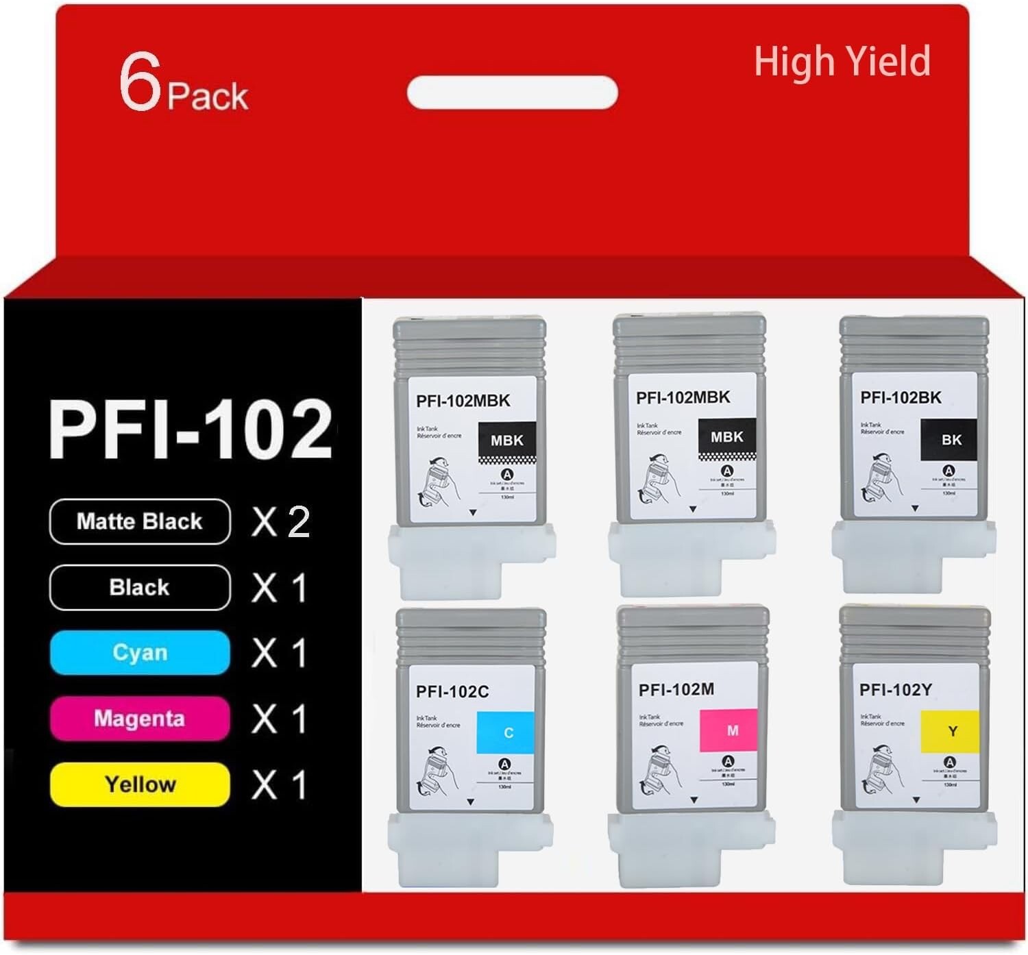 PFI-102 Ink Tank Cartridges Compatible PFI102 for IPF500 IPF510 IPF600 (6 Pack)