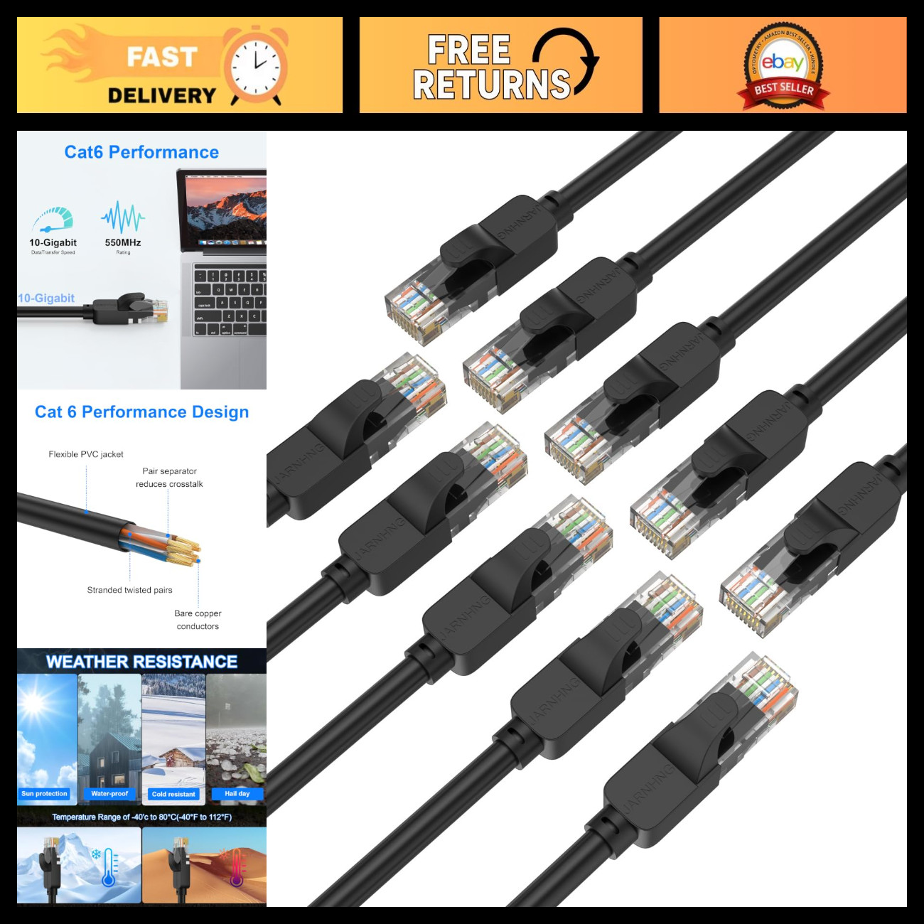 High-Speed Cat 6 Ethernet Cable 2ft (10-Pack) - 10Gbps Snagless Patch Cables, Fl