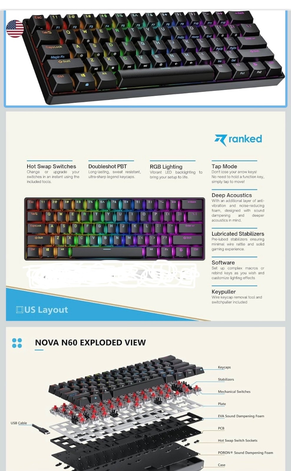 61 key blue switch gaming keyboard black