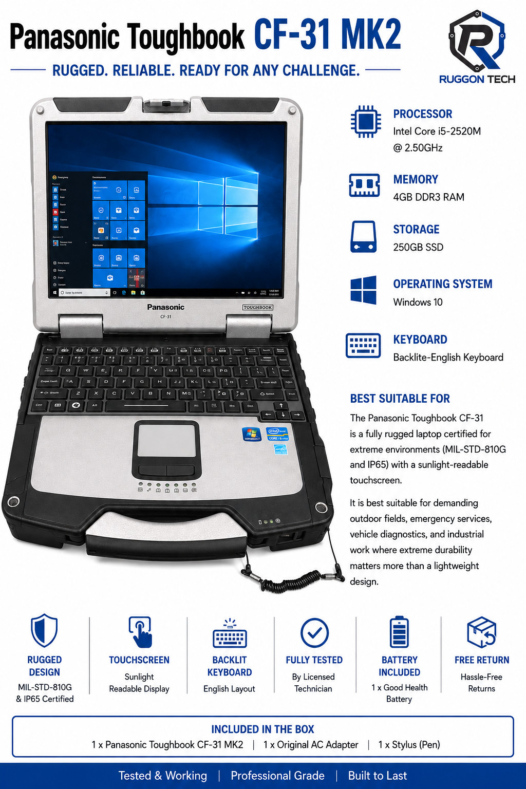 Panasonic ToughBook CF-31 MK2 Intel i5-2520M @2.50 GHz/ 4GB RAM 250GB SSD W10p