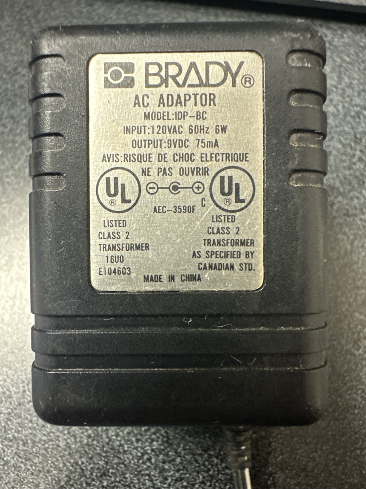 OEM Brady 9VDC AC Adapter For IDPRO Plus Labeling Wire Marker Printer IDP-BC