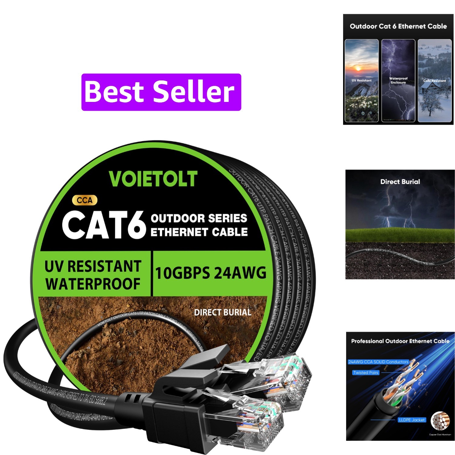Cat 6 Outdoor Ethernet Cable 200 ft, 24AWG 10Gbps Cable Cord Waterproof Direc...