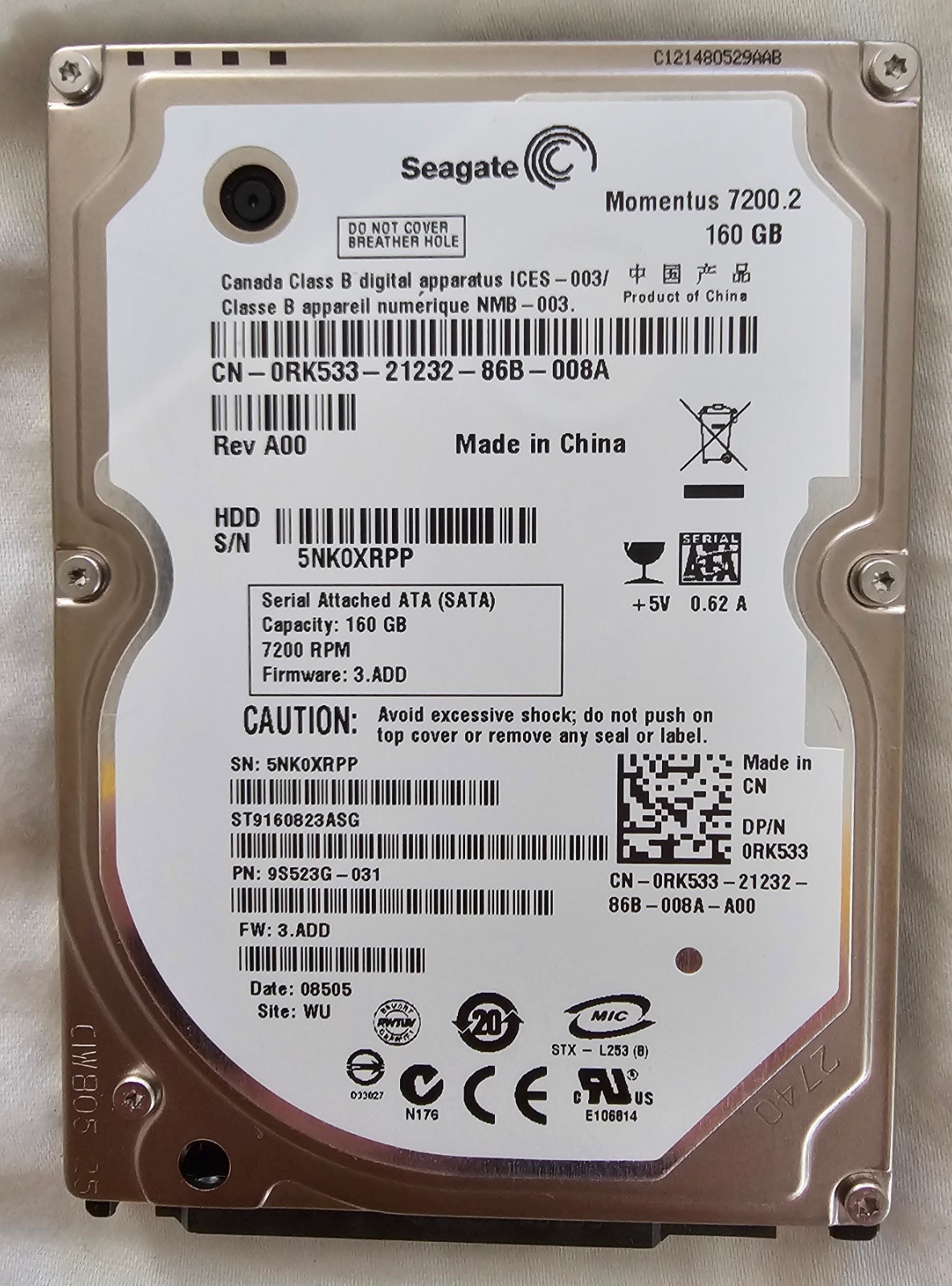 160 GB SATA Seagate Momentus 7200.2 ST9160823ASG 8MB Hard Drive 3.5" Internal