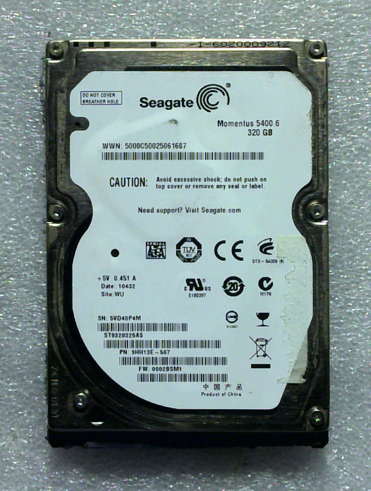 Seagate F3 - ST9320325AS - 320GB - 9HH13E-567 - 5A 35 - SN: 5VD40P4M